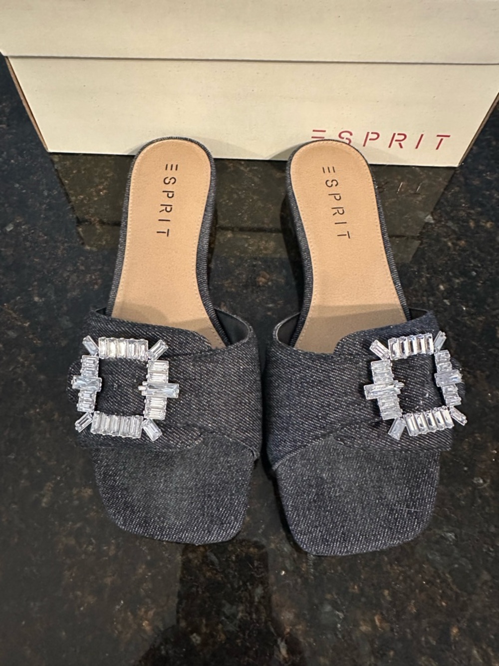 Esprit Women's Dark Denim Embellished Slide Sandals